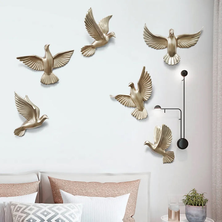 6 Pieces Set Gold Flocking Birds Modern Wall Decor Set for Living Room - DIY Combination