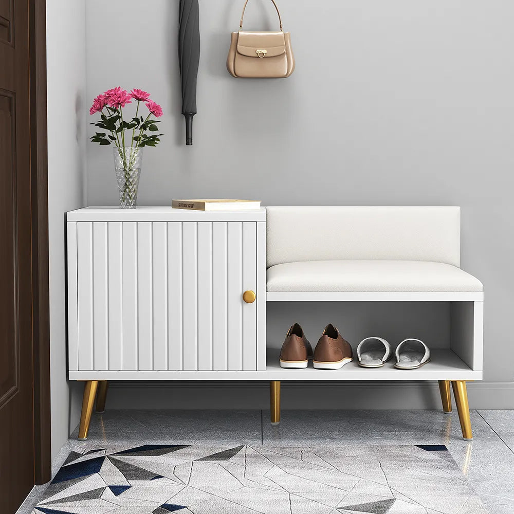 Yellar White Modern Upholstered Shoe Rack Bench with Storage Cabinet and Shelf Hallway