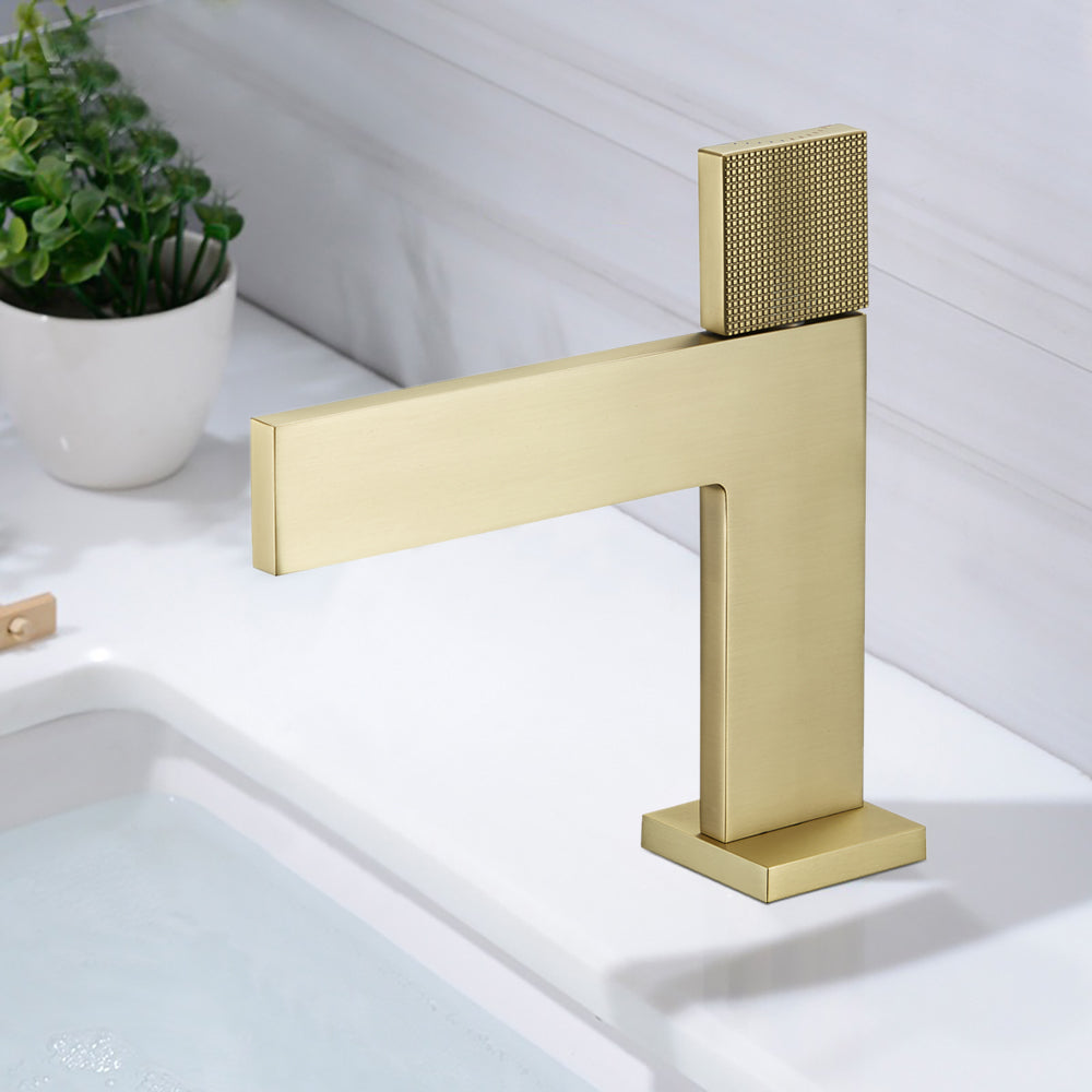 Brushed Gold Modern Single Handle Monobloc Tap Solid Brass Bathroom Basin Mixer Tap