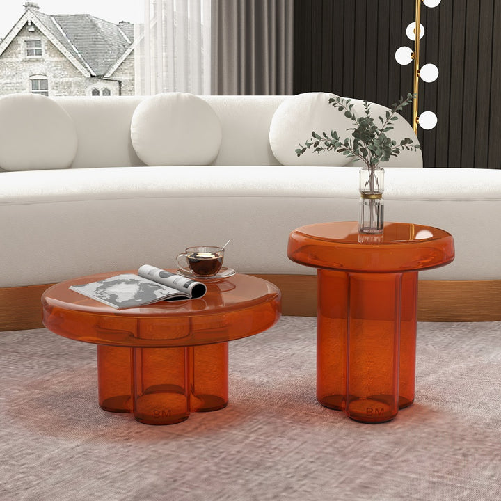 Modern Glass Coffee Table Set 2-Piece Cloud-Shaped in Orange