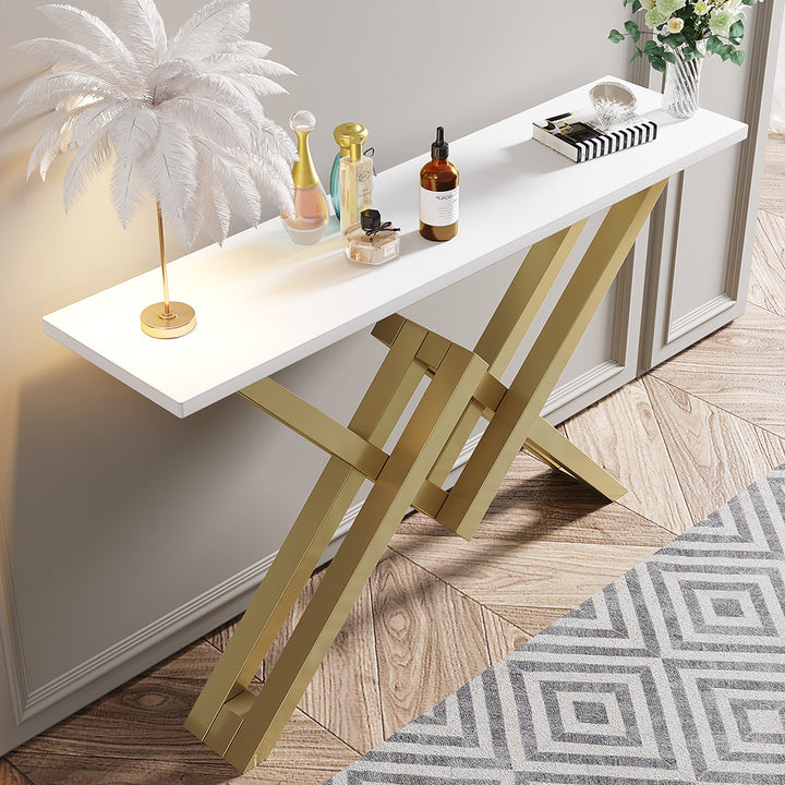 White & Gold Narrow Console Table Accent Table For Hallway X Base & Metal in Small