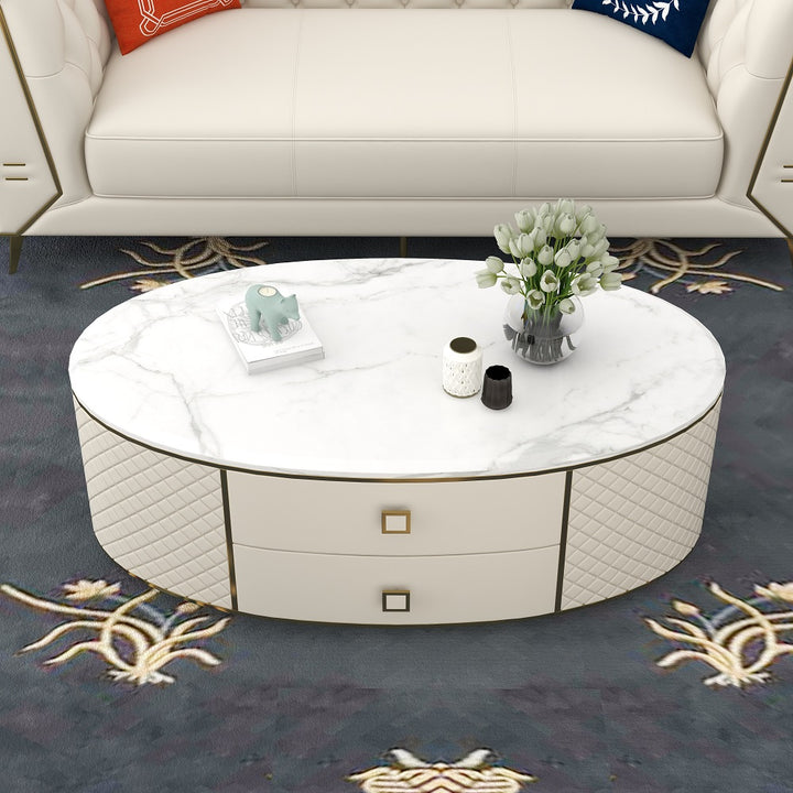 Modern White Oval Sintered Stone Top Coffee Table Microfiber Leather with 2 Drawers