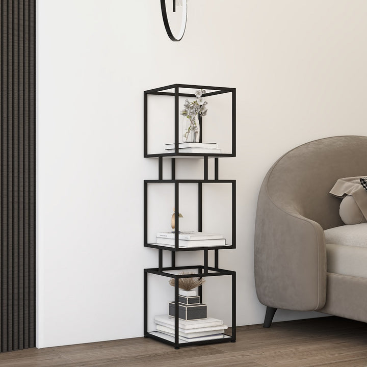 3-Tier Modern Black Cube Bookcase with Metal Tower Display Shelf