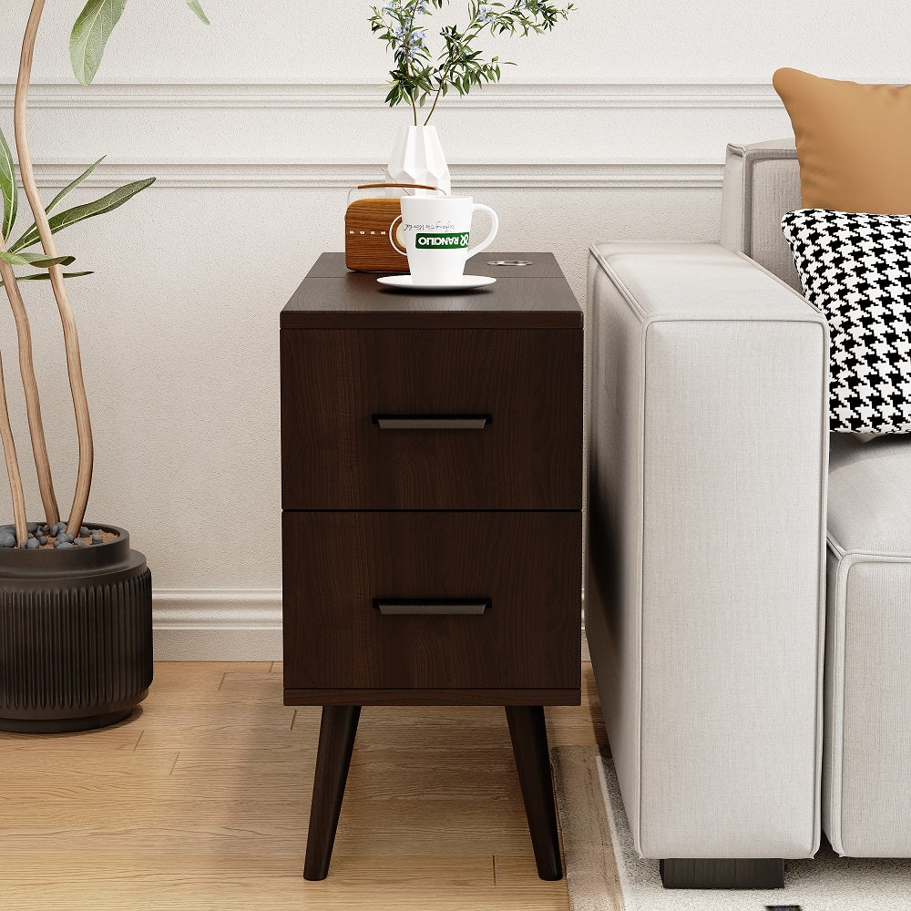 Brown Rectangle End Table with Drawers Modern Sofa Table for Living Room