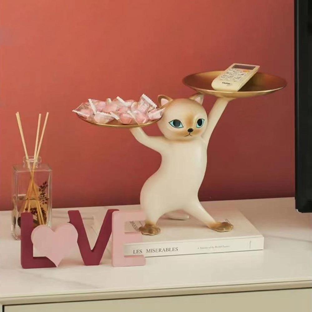 Modern Cat Resin Figurine with Gold Desk Storage Tray