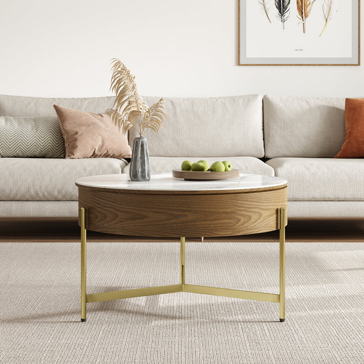 Round Lift-Top White & Walnut Coffee Table with Storage White & Walnut