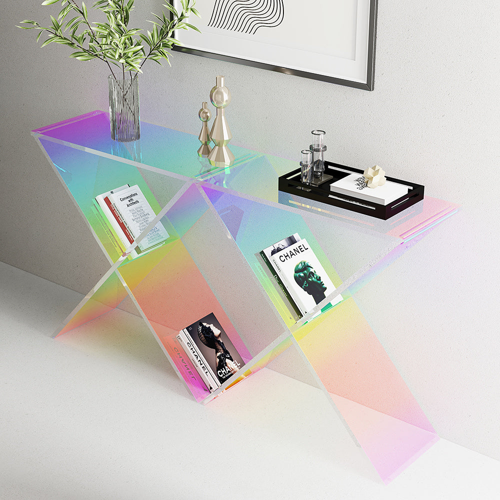 1200mm Acrylic Iridescent Console Table Modern Accent Entryway with Cross Base & Open Storage