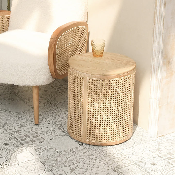 Japandi Round End Table with Storage Rattan Side Table