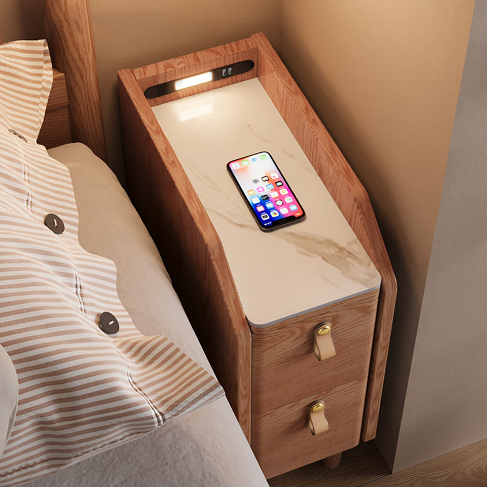 Modern Narrow Smart Nightstand Cherry Bedside Table with Sensor Light & USB Port