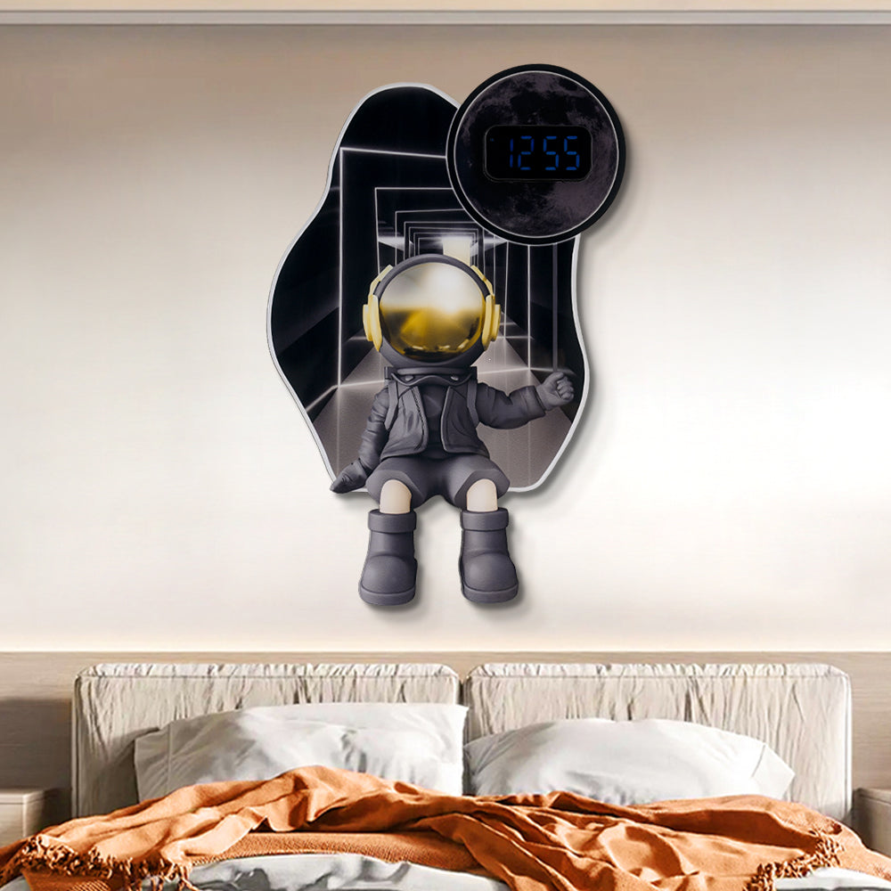 600mm LED Digital Astronaut Wall Clock Spaceman Decor Art Living Room Bedroom in Black