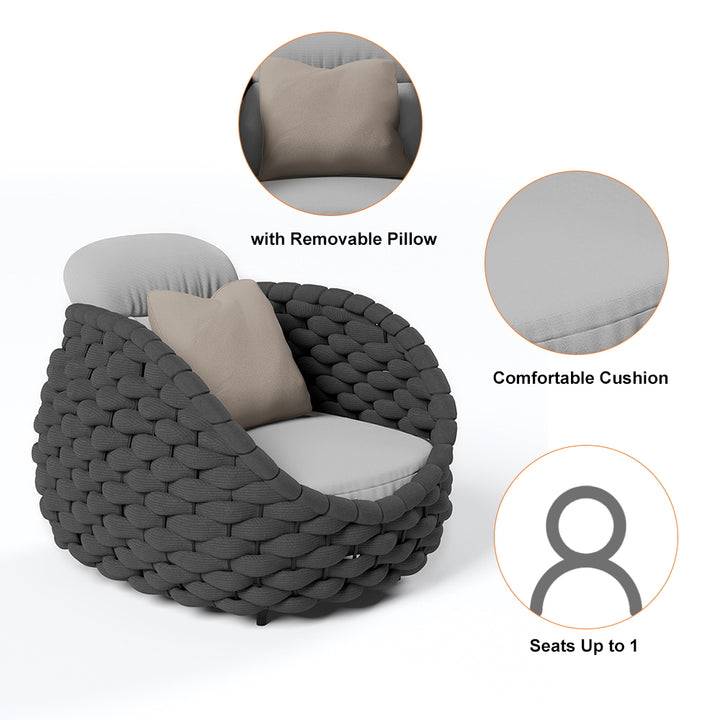 Tatta Modern Outdoor Swivel Chair 360 Rotatable Gray & Black Woven Rope Armchair Sofa