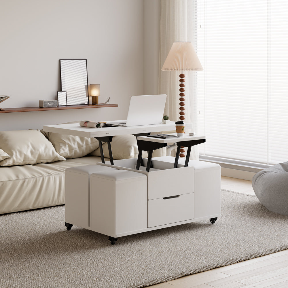 Modern White Lift Top Coffee Table 4 in 1 with Storage Ottoman Foldable and Casters Transforming Into Dining Table