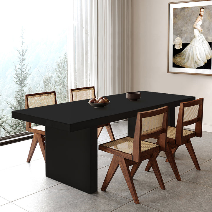 1600mm Concrete Black Wooden Dining Table & 6 Walnut Japandi Rattan Dining Chairs