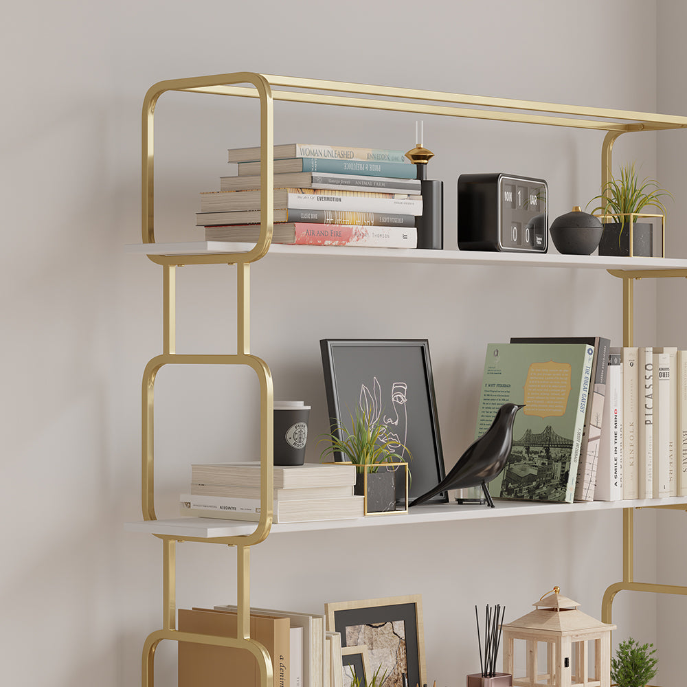 1800mm Modern White Tall Freestanding Wooden Office 4 Shelves Etagere Bookcase in Gold