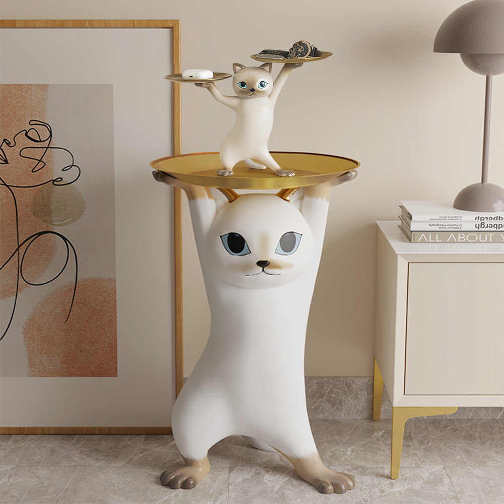 Modern Cat Resin Figurine with Gold Desk Storage Tray