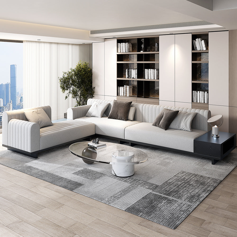 157" Cotton and Linen L-Shaped Sectional Sofa Modern Light Gray Sectional with Storage Side Table