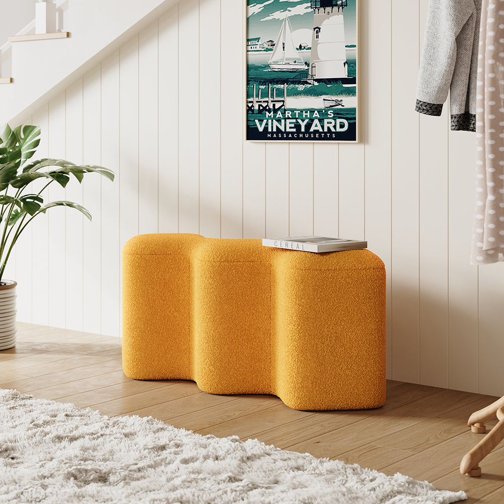 Modern Yellow Entryway Bench Boucle Upholstered Molecule Ottoman Wooden Frame