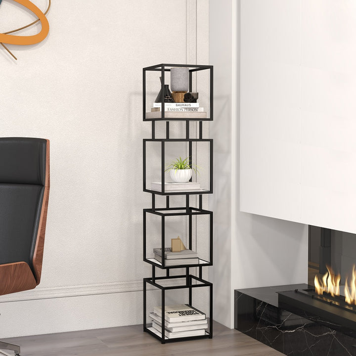 Modern Black Cube Bookcase with Metal 4-Tier Bookshelf Tower Display Tall Shelf