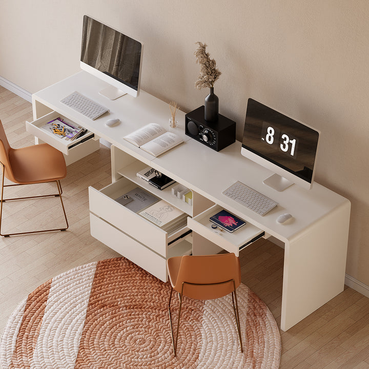 2-Person Double Computer Desk Modern White Retangular Office Desk with 4 Drawers & 1 Cabinet (2400mm)