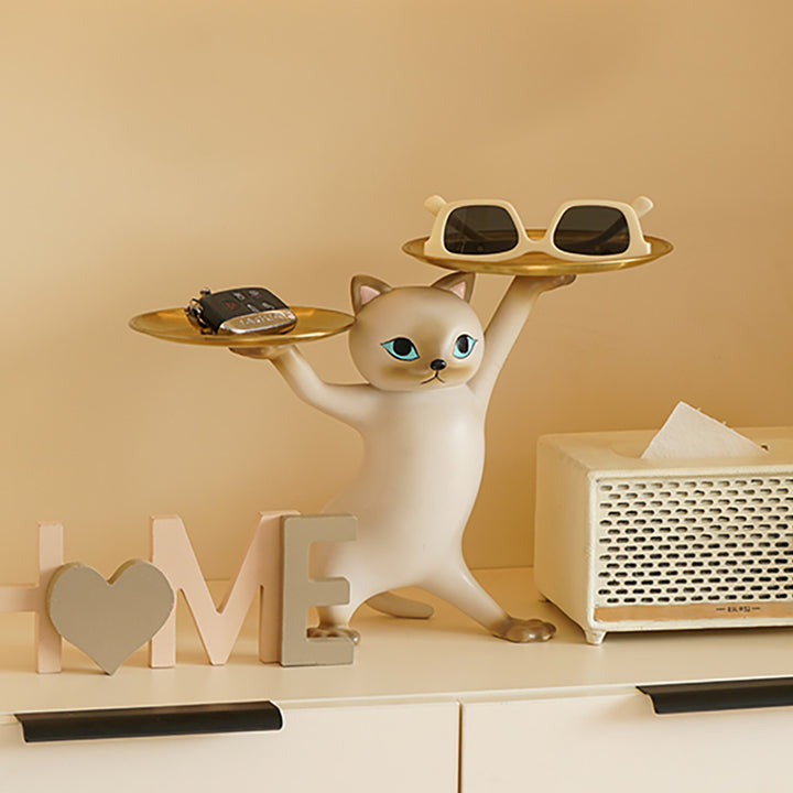 Modern Cat Resin Figurine with Gold Desk Storage Tray