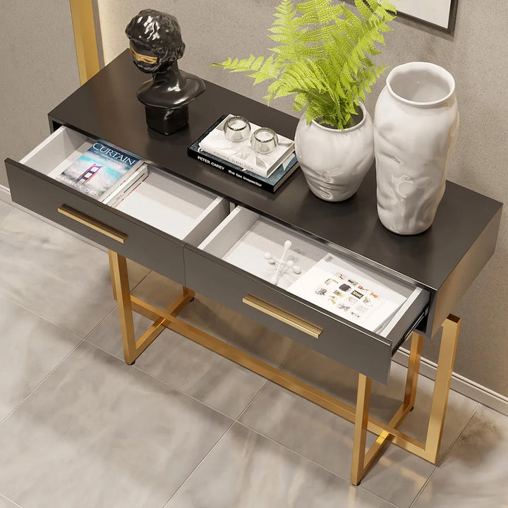 1000mm Modern Narrow Black Console Table with Storage Drawers and Metal Legs in Gold