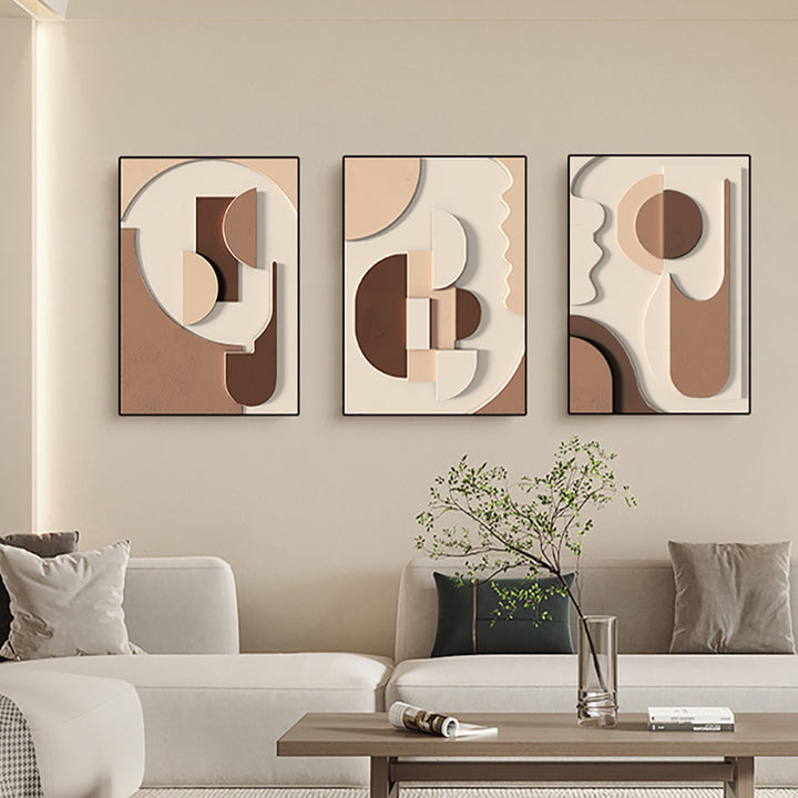 3 Pieces Japandi Wall Decor for Living Room Abstract Art Print with Frame in Brown