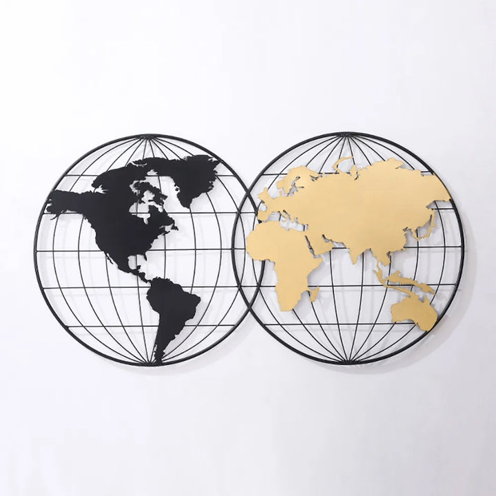 1105mm Modern Geometry World Map Wall Decor with Metal Round Frame in Black & Gold