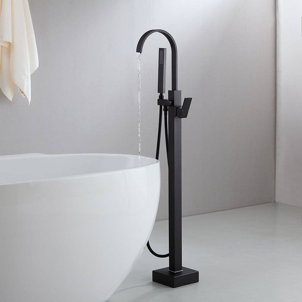 Dree Freestanding Matte Black Bath Filler Tap and Handheld Shower with High-Arc Spout