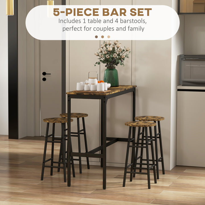 HOMCOM Bar Table Set, Industrial, 4 Stools, Rustic Brown