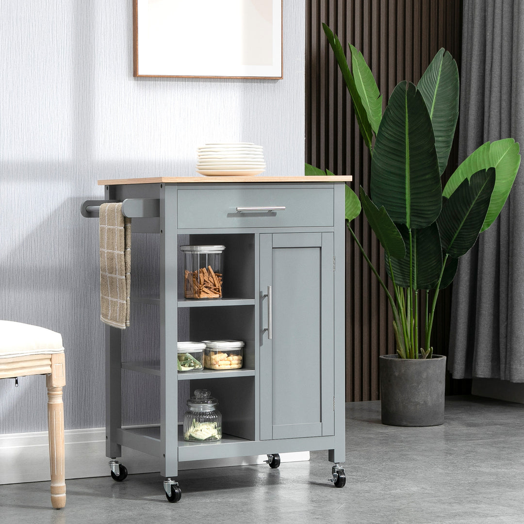 Compact Kitchen Trolley Utility Cart on Wheels with Open Shelf & Storage Drawer for Dining Room