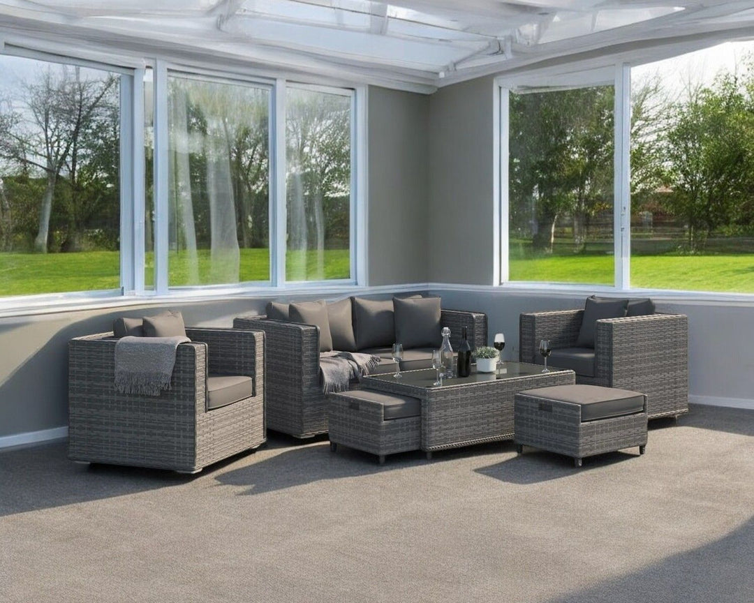 2 Seater Rattan Conservatory Sofa & Armchair Set With Coffee Table in Grey - Ascot - Rattan Direct