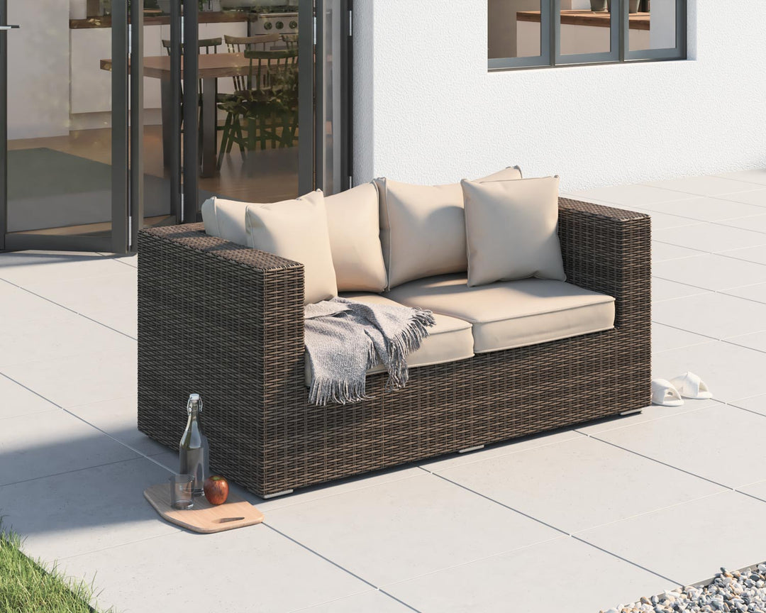 2 Seater Rattan Garden Sofa in Truffle Brown & Champagne - Ascot - Rattan Direct