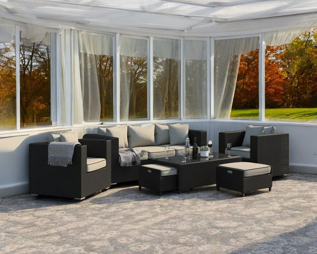 3 Seater Rattan Conservatory Sofa & Armchair Set in Black & White - Ascot - Rattan Direct