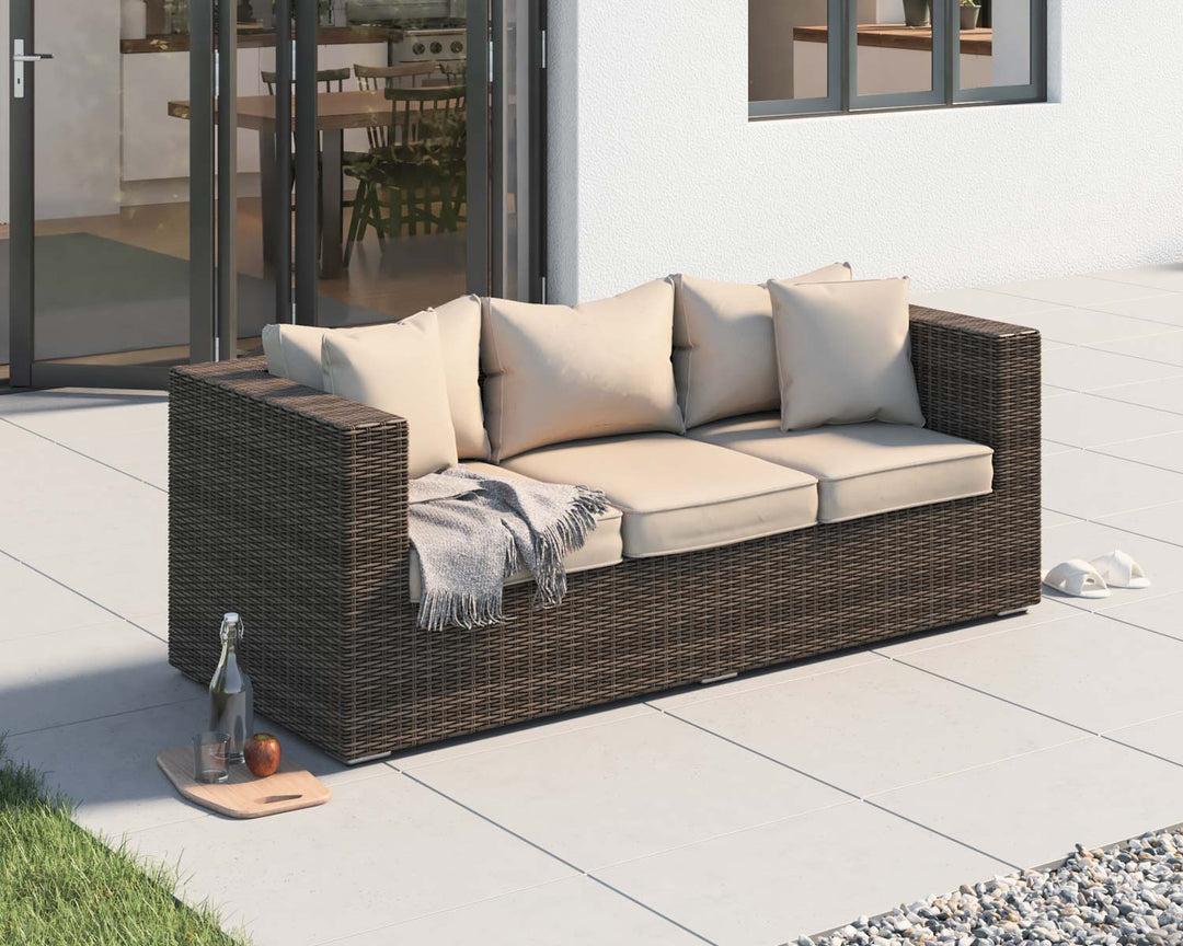 3 Seater Rattan Garden Sofa in Truffle Brown & Champagne - Ascot - Rattan Direct