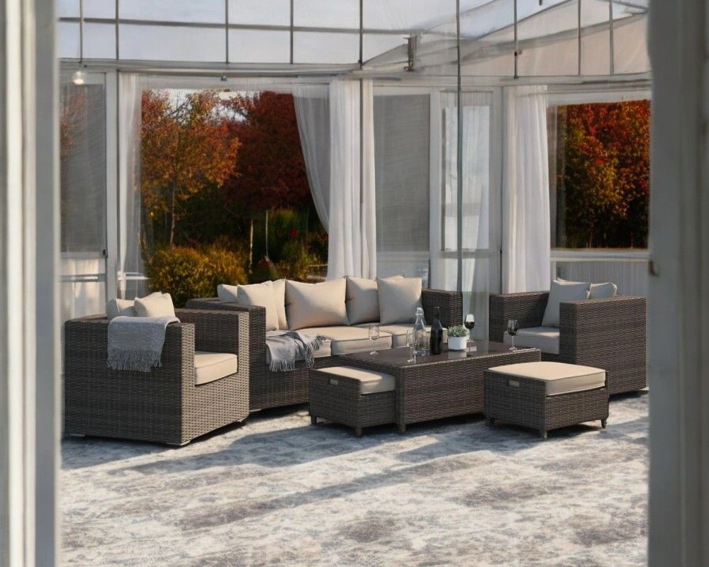 3 Seater Rattan Conservatory Sofa Set in Truffle Brown & Champagne - Ascot - Rattan Direct