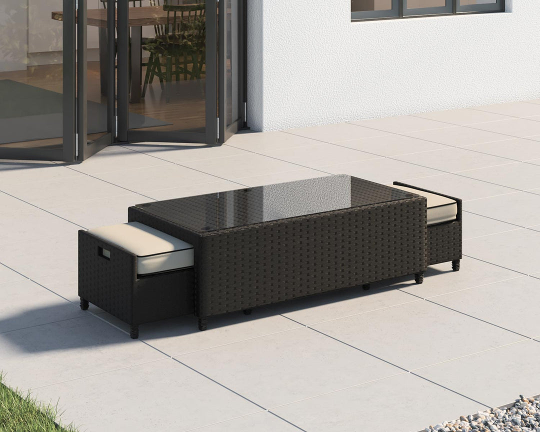 Rattan Garden Coffee Table with 2 Footstools in Black & White - Ascot - Rattan Direct