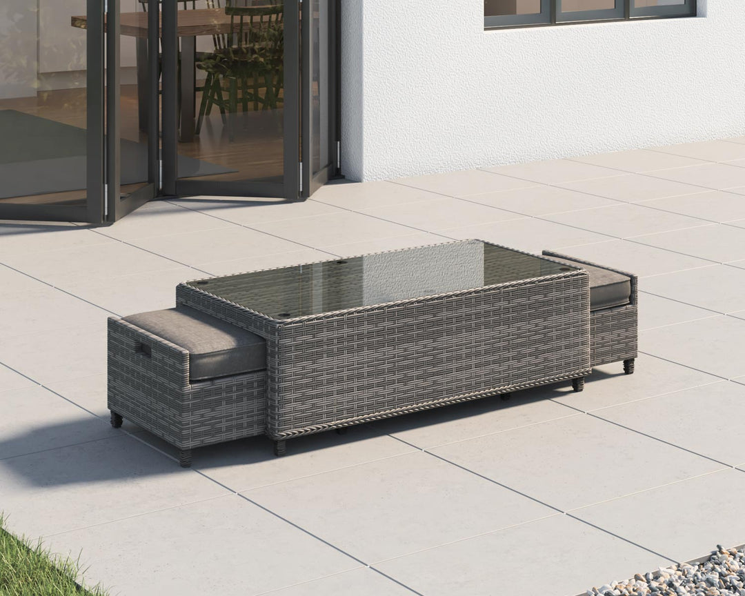 Rattan Garden Coffee Table with 2 Footstools in Grey - Ascot - Rattan Direct