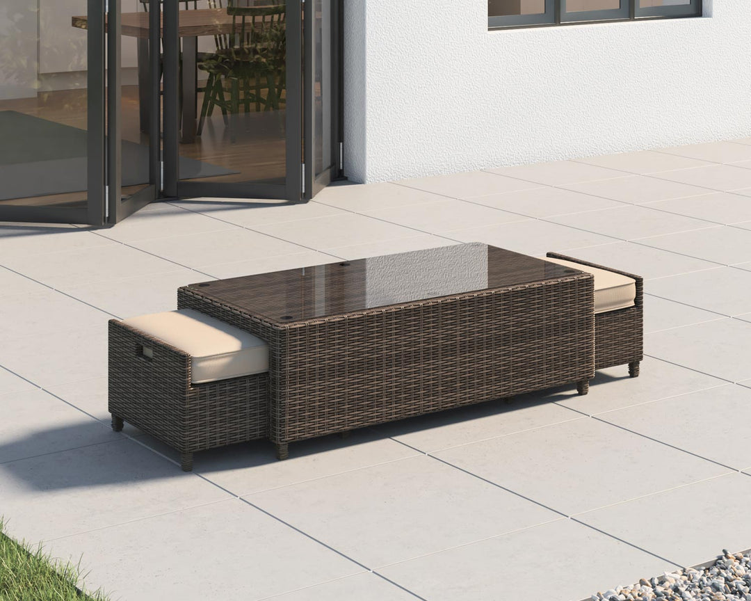 Ascot Rattan Garden Coffee Table with 2 Footstools in Truffle Brown & Champagne - Rattan Direct