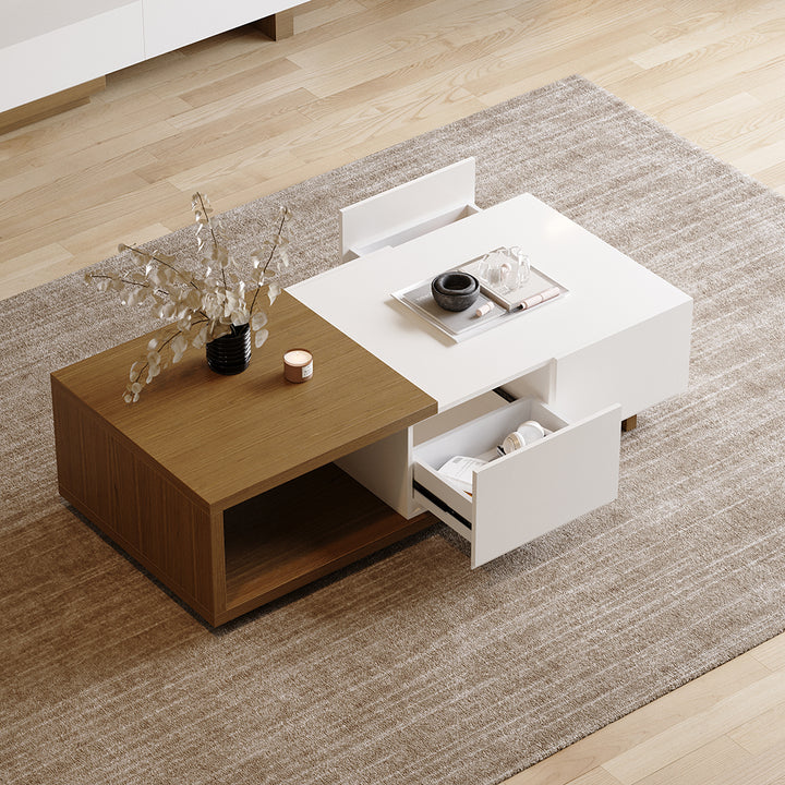 Quoint 1750mm Modern White & Walnut Coffee Table Retracted & Extendable with 2-Drawer