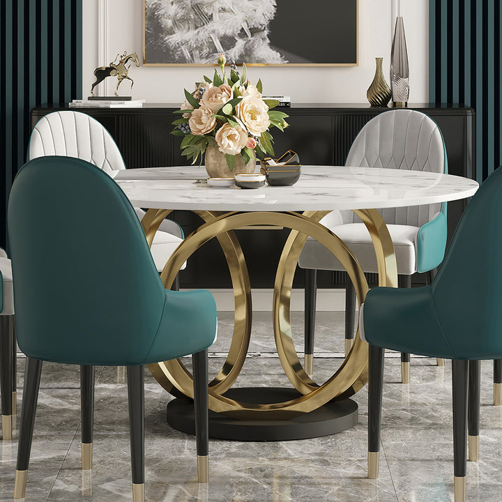 Round Dining Table Sintered Stone Top Gold & Black Pedestal for 6 Person Modern White