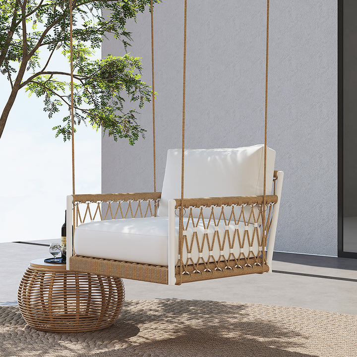 Ropipe Boho Khaki Hand Woven Rope Outdoor Patio 2-Seater Swing Sofa Arm Chair with White Cushion 529Lb. Weight Capacity