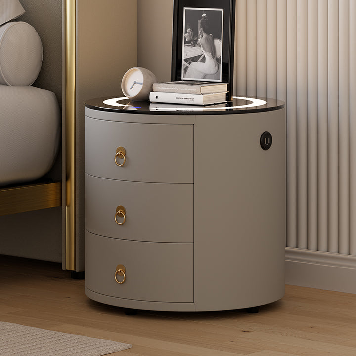 Modern Grey Round Nightstand with Light & Wireless Charging & Speakers & USB Port