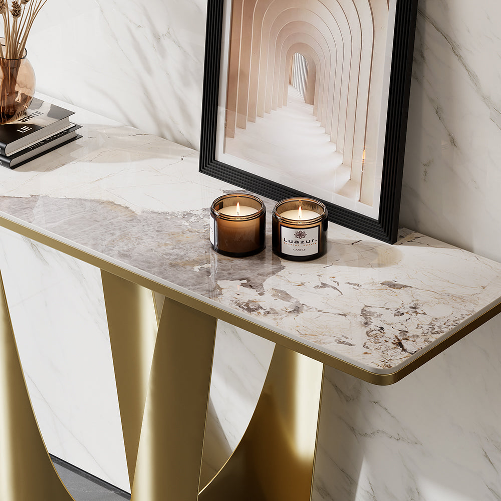 1200mm Art Deco White & Gold Console Table with Sintered Stone Top & Stainless Steel Base