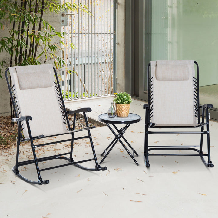 3 Piece Outdoor Rocking Set with 2 Folding Chairs and 1 Tempered Glass Table