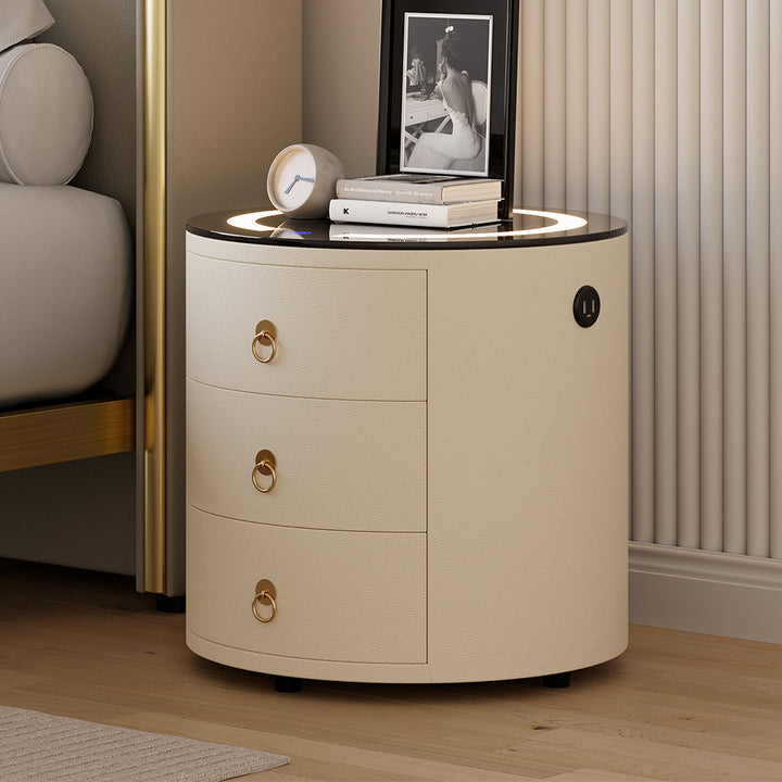 Round PU Leather Nightstand with Wireless Charging & Speakers & USB Port Modern Off-White Bedside Table