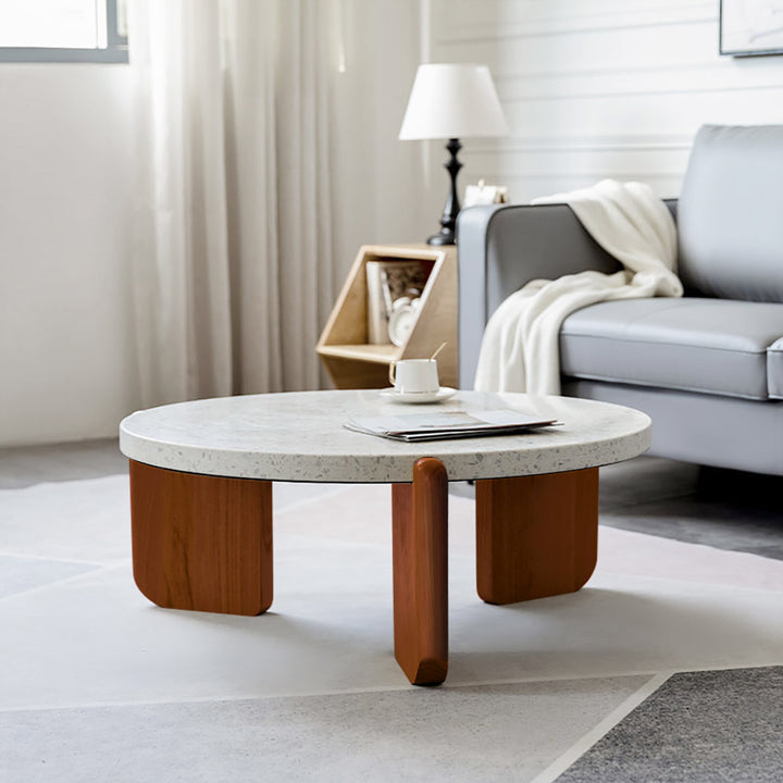 850mm White Round Terrazzo Coffee Table with Pine Wood Legs in Walnut