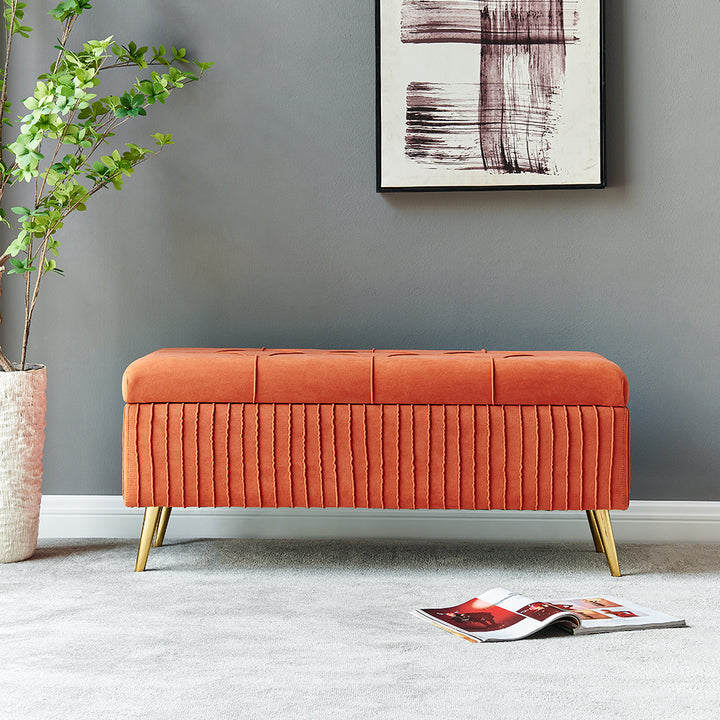 Modern Velvet Storage Bench Flip Top in Orange