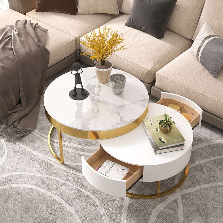 Round 2-Piece Nesting Set Sintered Stone Top Coffee Table and Wooden Coffee Table with 2 Drawers