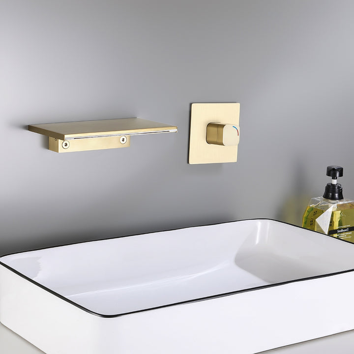 Waterfall Wall Mount Bathroom Basin Tap Single Knob Solid Brass Brushed Gold