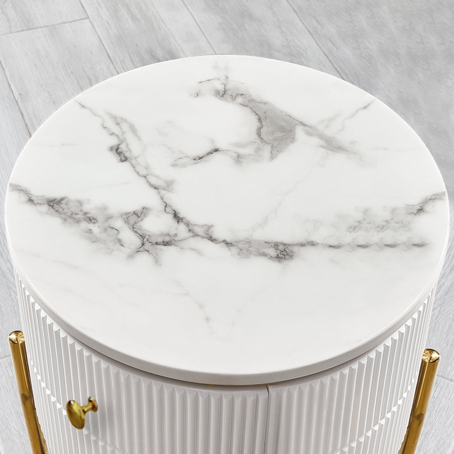 Yelly Modern Round End Table With Storage Drawers White Faux Marble Side Table Gold Legs